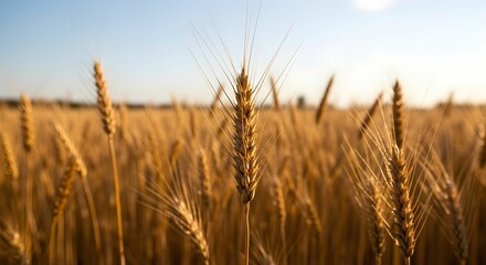 Fototapeta premium Golden wheat field captured at eye level, with a sharply focused wheat stalk centered in the foreground. Warm sunlight and a soft blue sky enhance the tranquil, rural scene.