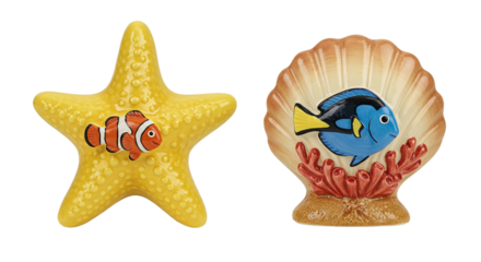 Ocean themed figurines starfish and shell with clownfish and tang fish decoration souvenir gift on transparent background