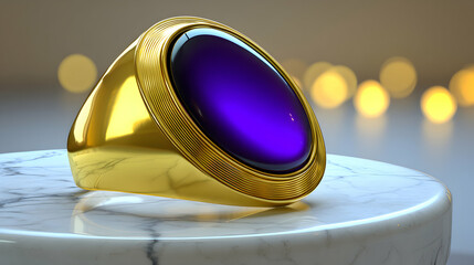 Close-up a luxurious gold signet ring featuring a deep purple amethyst gemstone, elegantly displayed a marble surface.