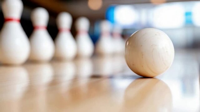 Bowling Ball's Aim: A solitary bowling ball sits on the lane, positioned strategically, with the pins standing tall in the background, ready for the perfect strike.
