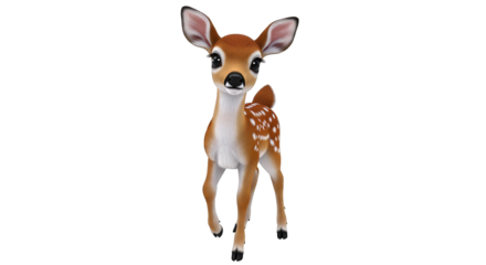 A cute, brown cartoon fawn stands playfully with big eyes and a gentle expression looking forward.