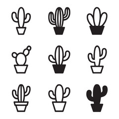 Cactus Icon Set Collection. Cute Cactus Icons in Pots
