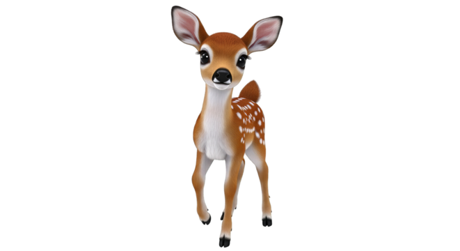 A cute, brown cartoon fawn stands playfully with big eyes and a gentle expression looking forward.