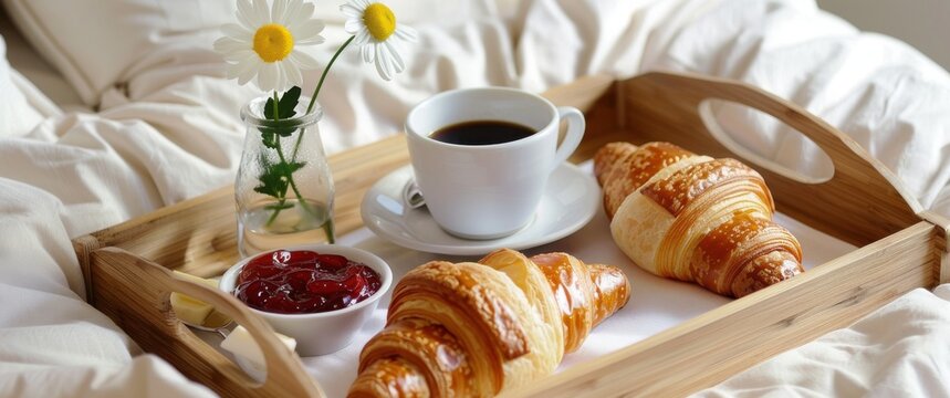 Cozy bed breakfast wooden tray fresh coffee croissants jam butter single flower in vase white linens noise.