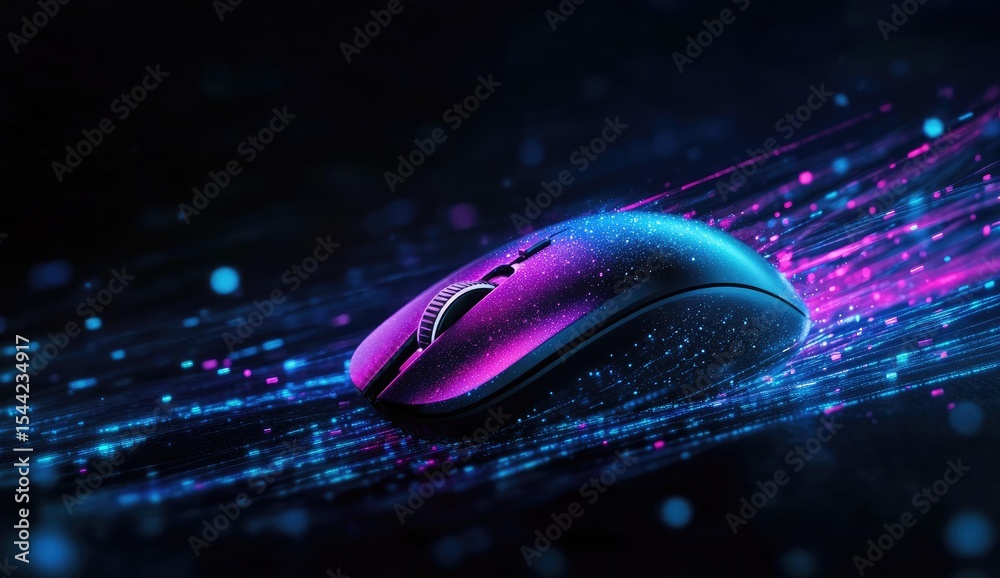Fototapete A computer mouse with an electric glow, set against the backdrop of blue and purple light rays representing fast web transfer speed.