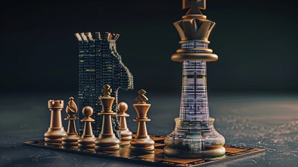 Chess king transforms into a skyscraper intricate modern style, symbolizing business leadership and growth on the chessboard.
