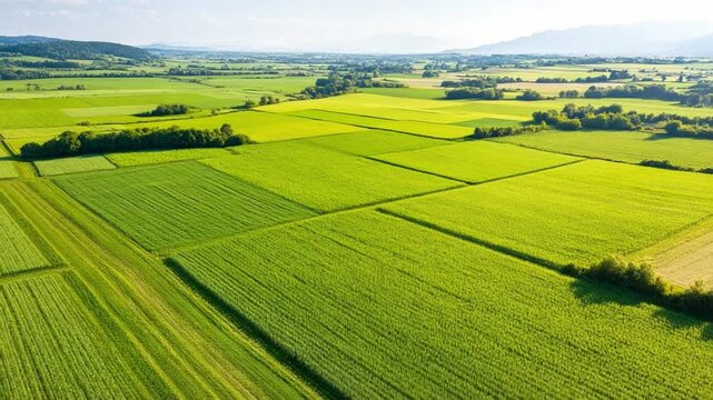 Aerial Green Field Panorama: An expansive, sun-drenched green field panorama. The patchwork of fields is a visual feast, evoking tranquility and the embrace of the natural world.