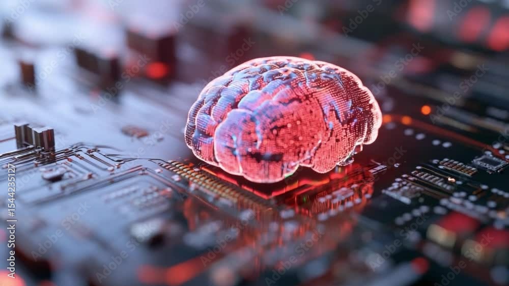 Poster digital brain: an artistic representation of a human brain glows atop a circuit board, symbolizing t