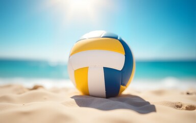 Obraz premium Beach Volleyball. Game ball under sunlight and blue sky. High quality