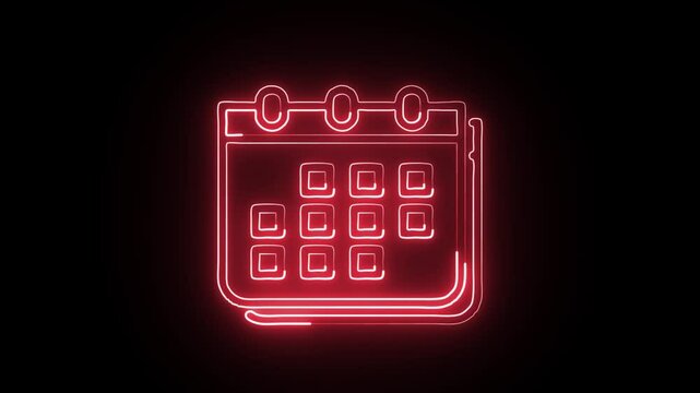  glowing neon time and date icon isolated, black background, hd motion graphic animation for tracking, alerts, and scheduling visuals