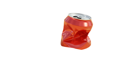 Crushed soda can close up, red aluminum can recycling concept, waste management, environmental issue photo on transparent background