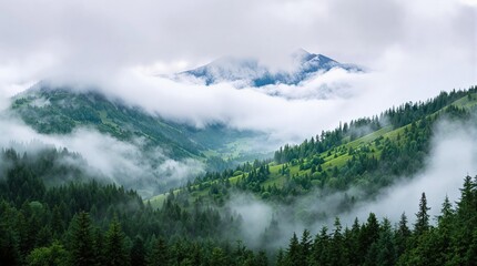 Cloudy mountainside view with forests, shrouded in mist, greens and blues