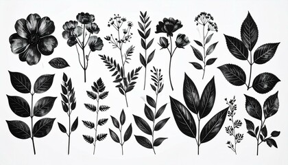 The image displays a collection of various black and white botanical illustrations including flowers, leaves, and branches arranged against a stark white