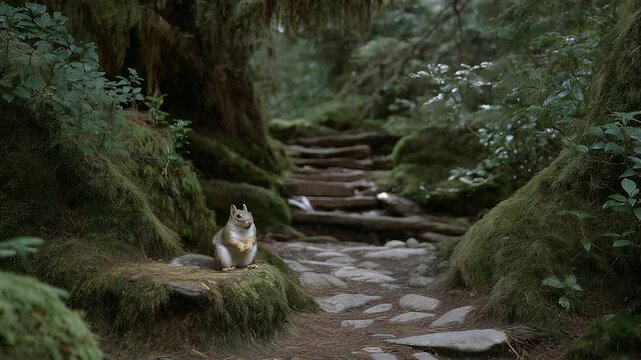 A tranquil forest trail with a squirrel holding a nut