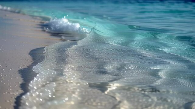 A tranquil close-up of a pristine shoreline where crystal-clear turquoise water gently laps against the golden sand.