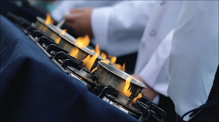 Close-up of chefs cooking with flames on a gas range