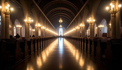 The interior showcases a long church nave, with rows of wooden pews lining each side, illuminated by ornate chandeliers and natural light from a distant stained glass