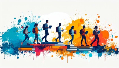 Silhouetted students with backpacks and laptops walk across colorful painted book steps in this abstract image, symbolizing education and
