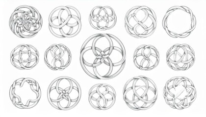 The image shows a pencil sketch of fifteen different spherical knots, set against a blank white background, exhibiting intricate interlocking designs and varied