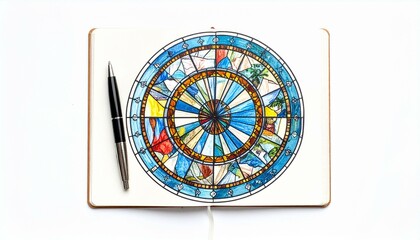 The image shows a notebook with a colorful circular drawing that resembles stained glass, accompanied by a sleek black and silver pen on a white