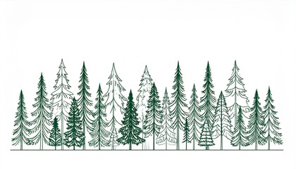 The image showcases a line of minimalist, green-toned evergreen trees in varying heights and designs against a crisp white background, creating a serene and natural