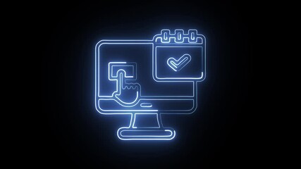 glowing neon online booking icon isolated, black background, hd motion graphic animation for reservations and digital appointment systems