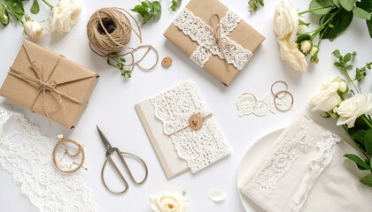 The image presents a curated flat lay featuring craft paper, twine, lace, and accents of white roses, evoking a DIY or wedding stationery aesthetic on a white