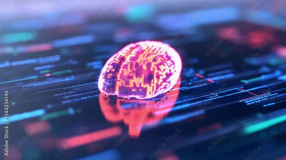 Fototapete Brain Data Visualization: A stunning 3D render of a human brain glows with intricate details, superimposed upon a data-rich interface, symbolizing the complex interplay of thoughts.