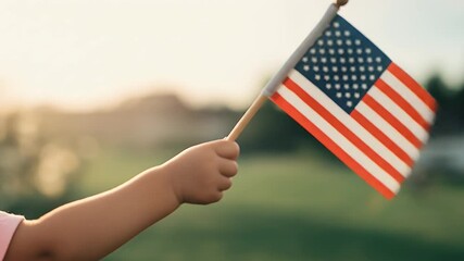 Small american flag waving in childs hand patriotic celebration in park - Powered by Adobe