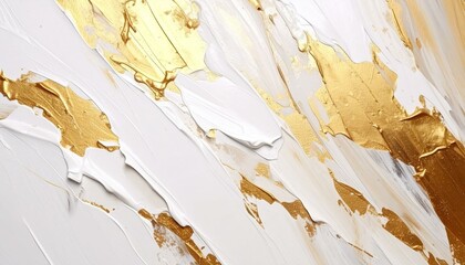 The image showcases a textured close-up of an abstract painting with broad strokes of white and shimmering gold, creating a luxurious and visually captivating