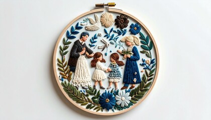 The image shows a beautiful embroidery hoop art featuring a family portrait with a mother, father, and two daughters, embellished with floral and nature-inspired