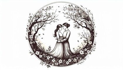 A serene, floral-framed sketch depicts two women in long dresses embracing, drawn in black and white with delicate lines accentuating the blossoming trees and flowers surrounding