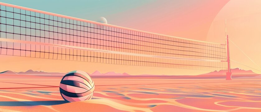 Pastel sunset over a flat design volleyball court, ball on the sand by the net, clean modern style. - Powered by Adobe