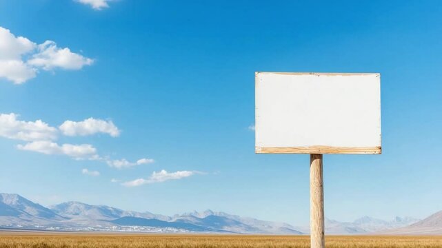 Empty Signboard in Vast Landscape: A blank signboard stands in a scenic landscape of rolling hills and open sky, inviting viewers to imagine their message on its empty face.