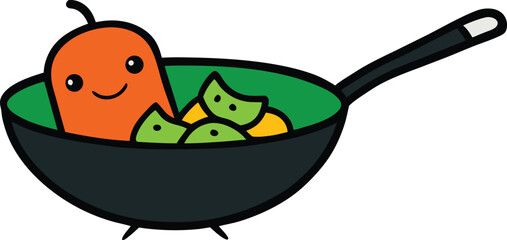 Cute cartoon vegetables in wok pan illustration