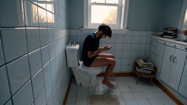 Person sits on toilet, pants down, scrolling social media in small bathroom. Morning light from above, realistic handheld style adds light humor to everyday moment