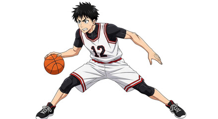 Naklejka premium Intense anime basketball player with focus, dribbling with energy and determination on the court
