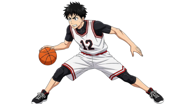Intense anime basketball player with focus, dribbling with energy and determination on the court