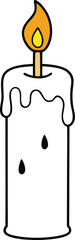 Cartoon illustration of a single white candle with a lit flame