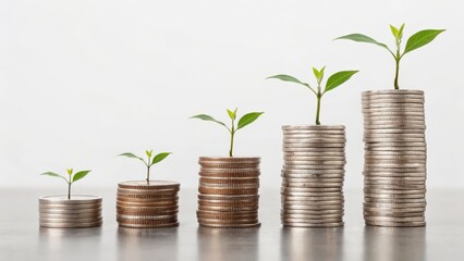 startup investment growth ecosystem concept. Growing plants emerging from stacked coins symbolizing financial growth.