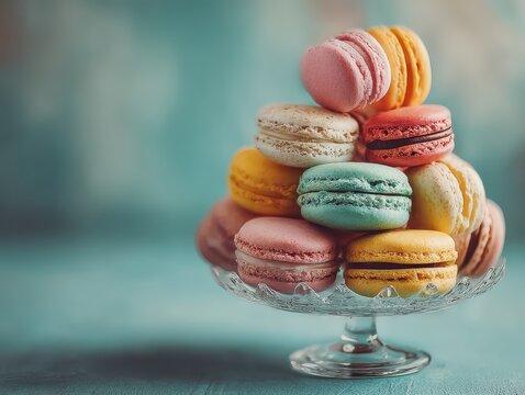 Colorful variety of French macarons stacked on a glass cake stand with a soft textured background