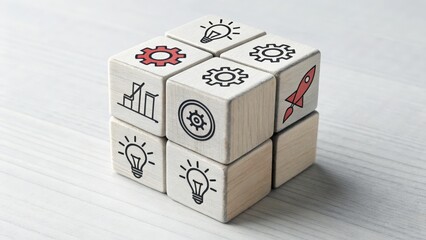 startup investment growth ecosystem concept. Cubes with icons representing ideas and innovation on a wooden surface.