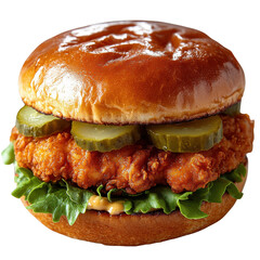 Best crispy chicken sandwich recipe with pickles lettuce and sauce on a brioche bun food photography on transparent background