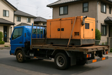 Obraz premium トラック荷台で運搬される大型発電機と郊外住宅街の風景