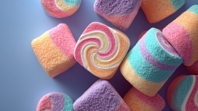 Colorful striped and swirl hmallow candies with pastel hues and various textures for dessert decoration