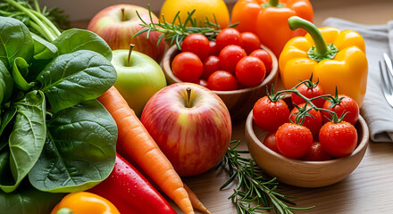 Close-up Fresh Fruits and Vegetables with Apple, Carrot, Spinach in Natural Light for Healthy Lifestyle and Organic Food Concept