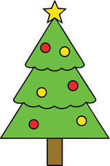 Simple cartoon christmas tree with yellow and red ornaments