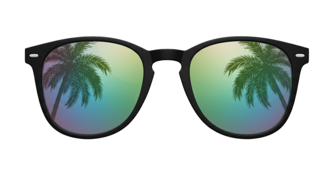 Stylish eyewear with palm tree reflection summer vacation eyewear fashion accessories trendy eyewear on transparent background