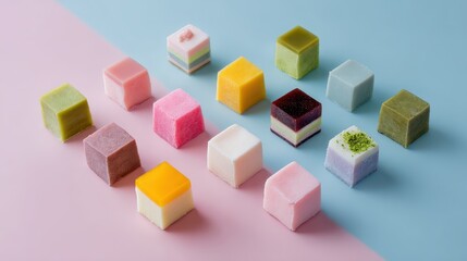 Obraz premium Colorful Assorted Cubic Sugar Cubes with Various Layers and Flavors on Creative Pastel Background