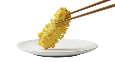 Chikuwa Tempura Held By Chopsticks Above White Plate In Realistic 3D Rendering On Transparent Background Japanese Cuisine Still Life Culinary Delight Isolated Design